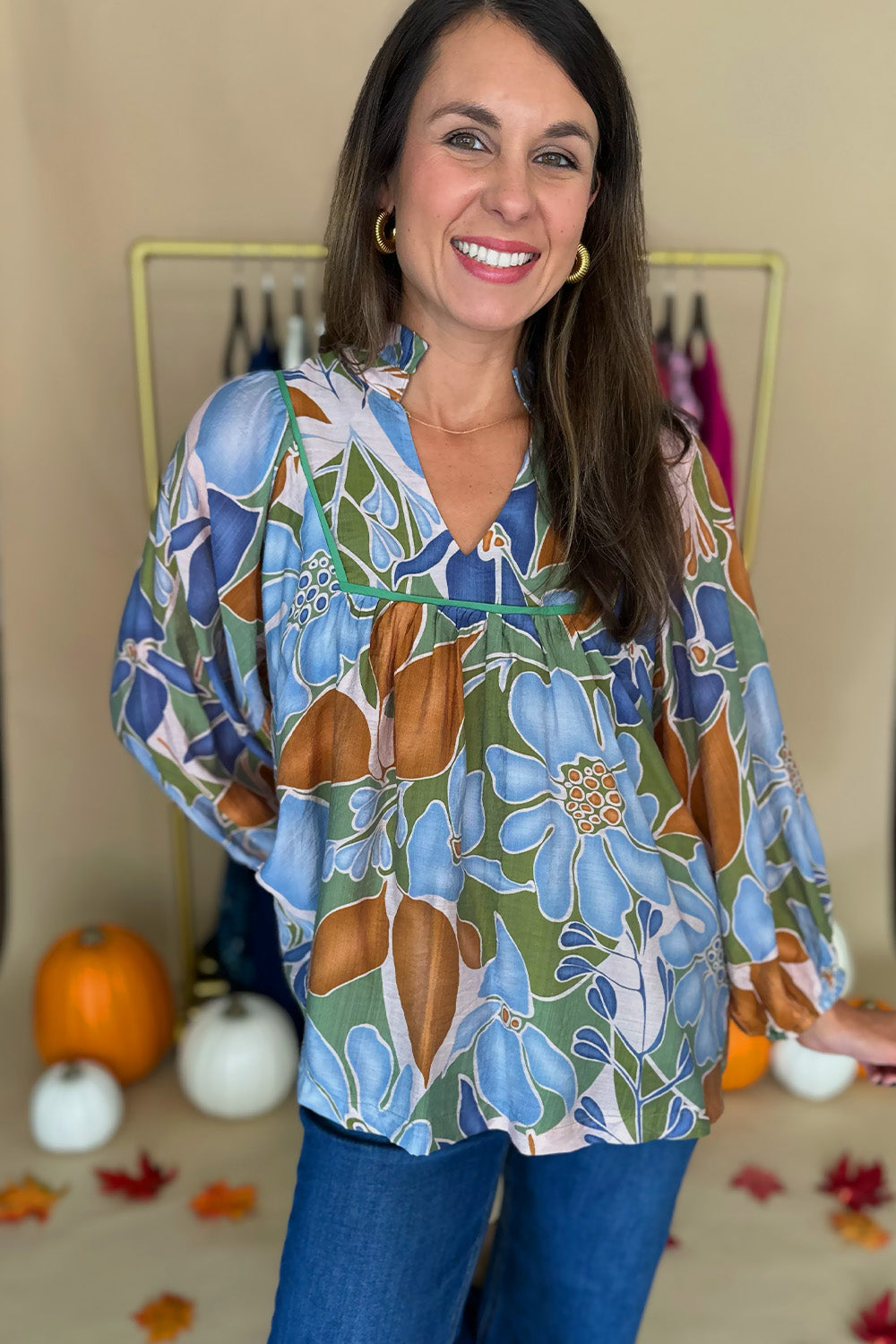 Green Blue Printed LS Blouse