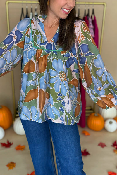 Green Blue Printed LS Blouse