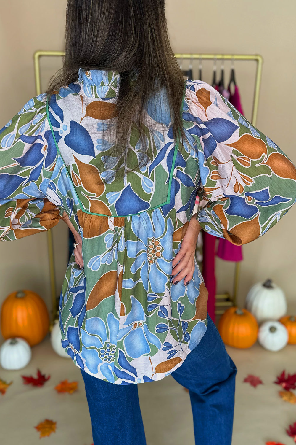Green Blue Printed LS Blouse