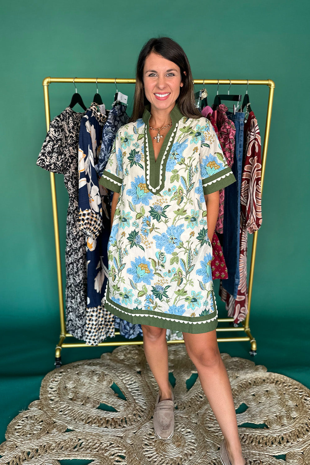 Floral Green Scallop Trim SS Dress