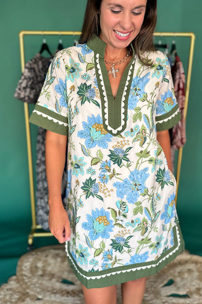 Floral Green Scallop Trim SS Dress
