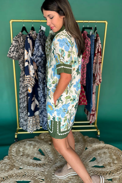 Floral Green Scallop Trim SS Dress