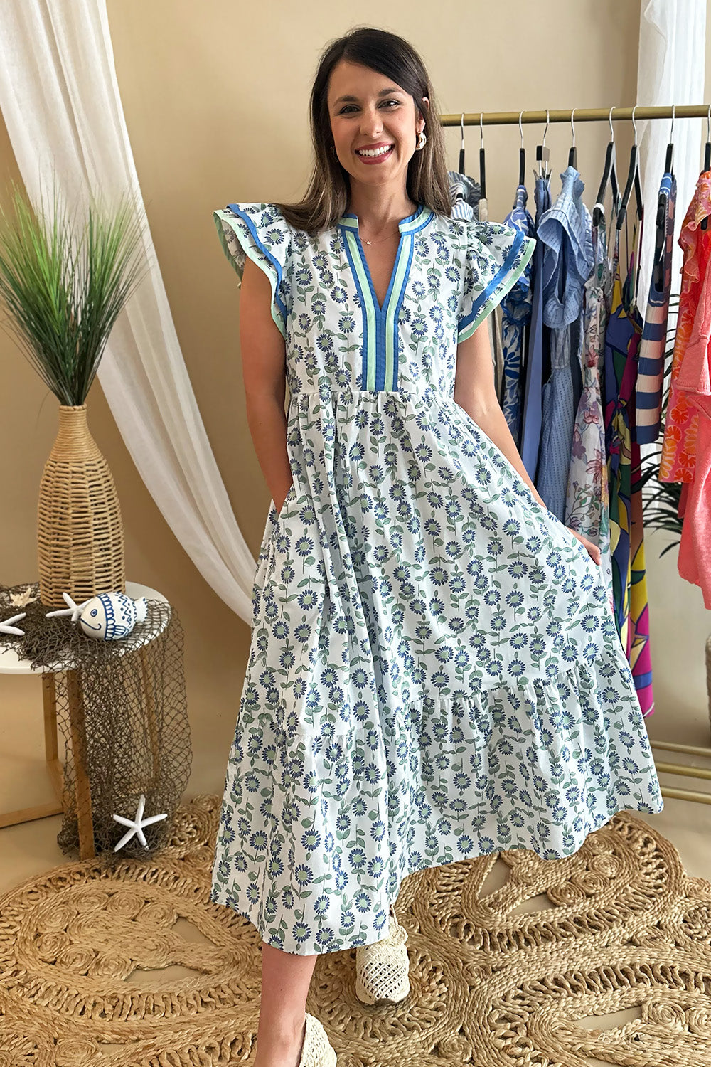 Mint and Blue Floral Vneck Midi Dress