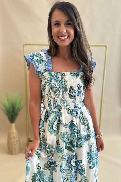Blue and Green Paisley Midi Dress