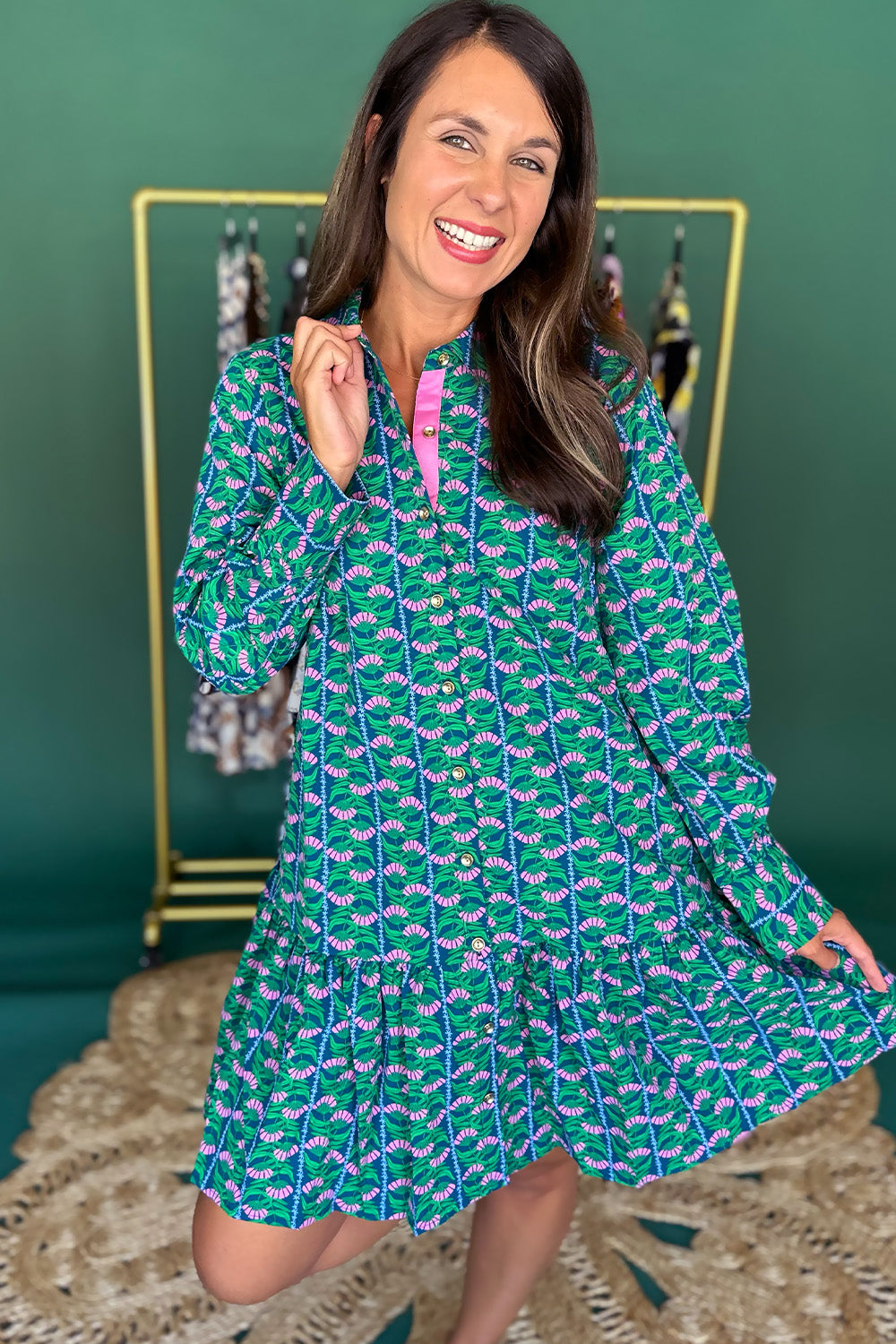 Blue, Green, Pink Button Down LS Dress