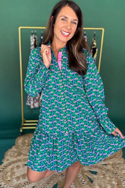 Blue, Green, Pink Button Down LS Dress