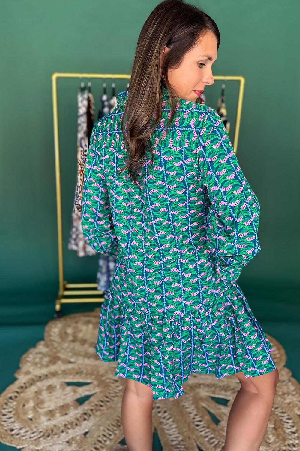 Blue, Green, Pink Button Down LS Dress