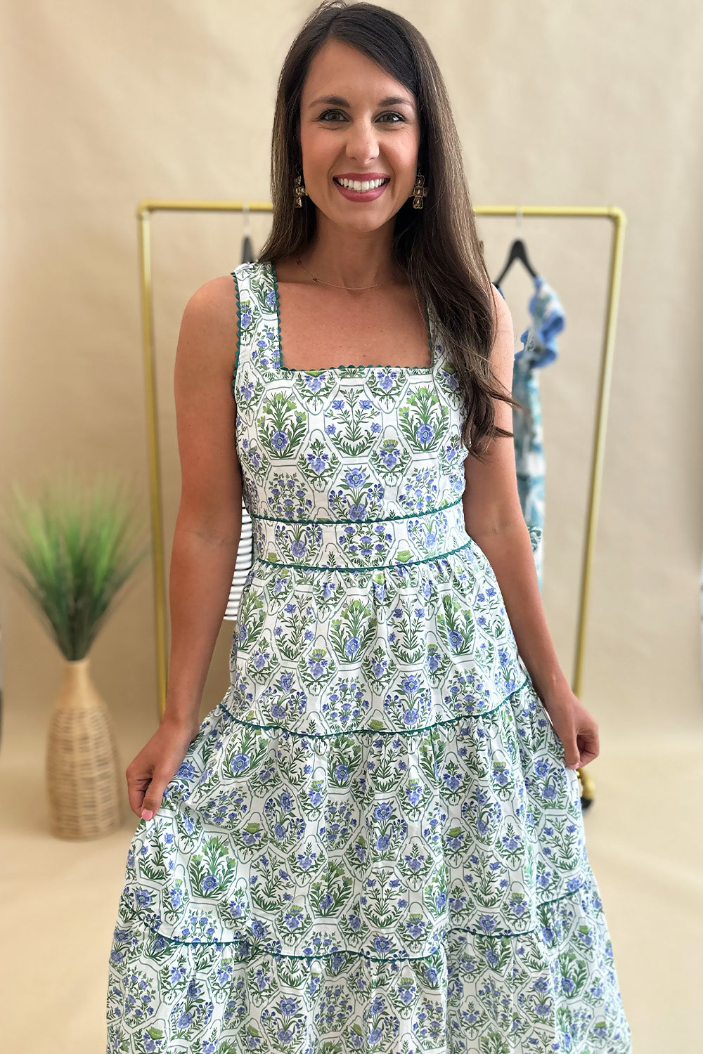 Green and Blue Square Neck Printed Midi