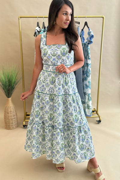 Green and Blue Square Neck Printed Midi