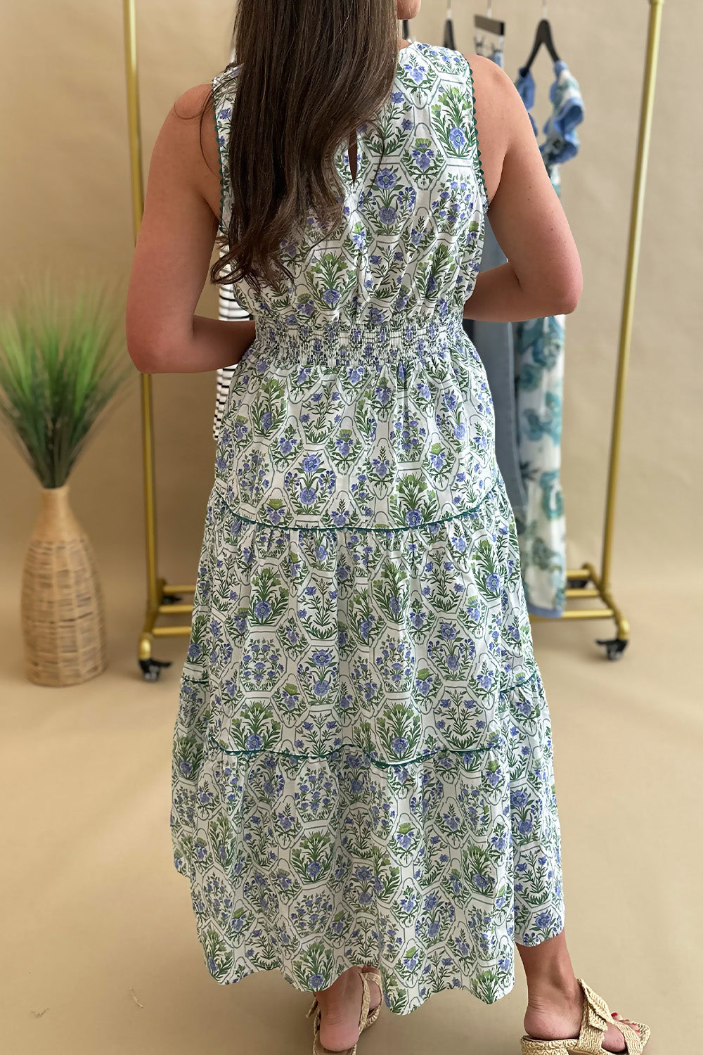 Green and Blue Square Neck Printed Midi