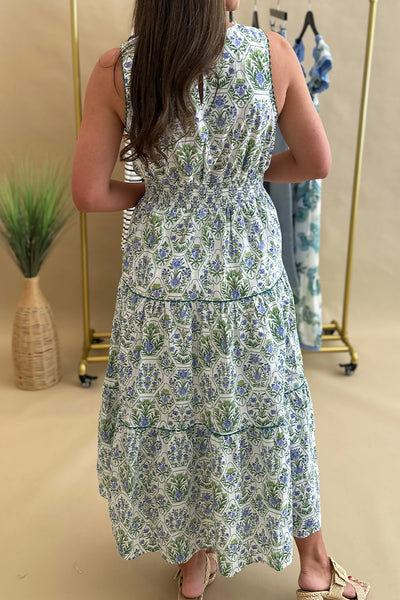 Green and Blue Square Neck Printed Midi