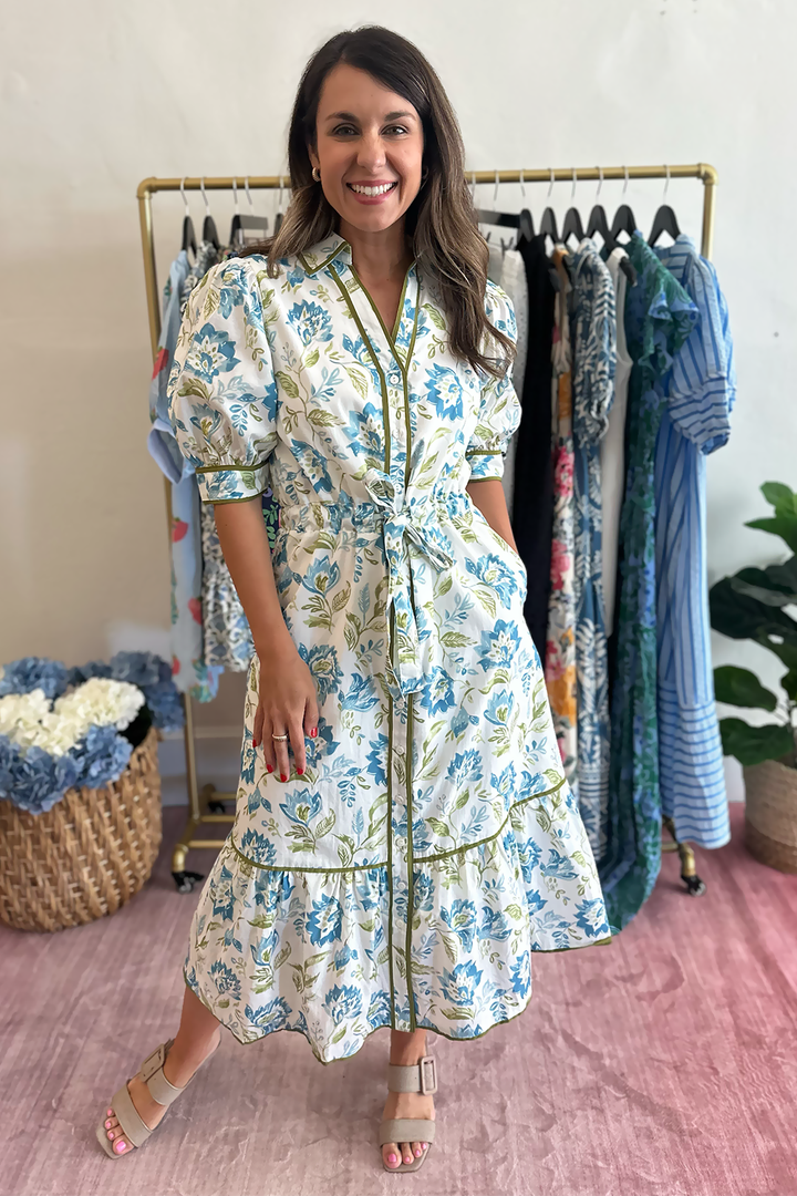 Blue & Green Tie Waist Midi Dress | THML