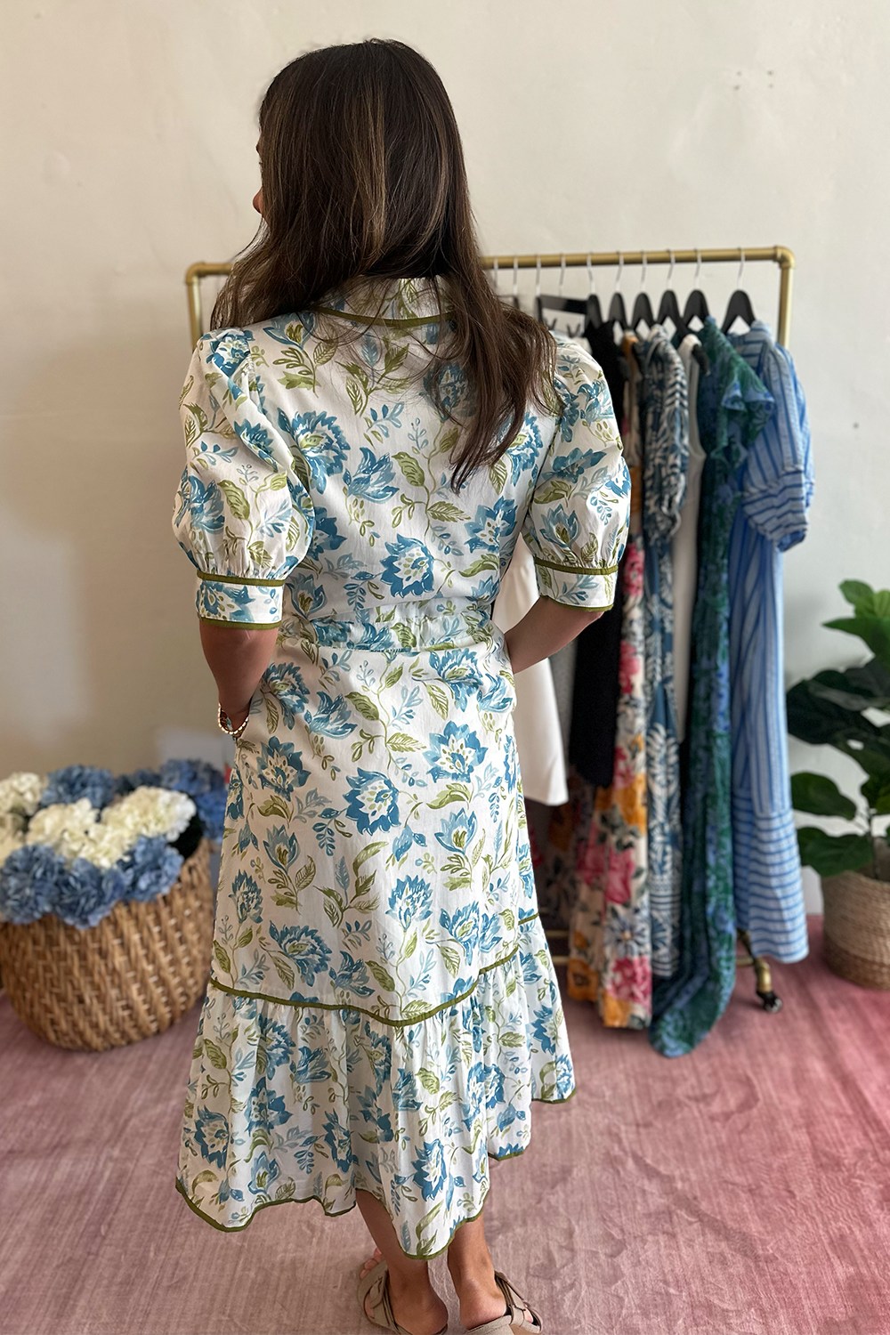 long sleeve tie waist midi dress Blue & Green Tie Waist Midi Dress | THML
