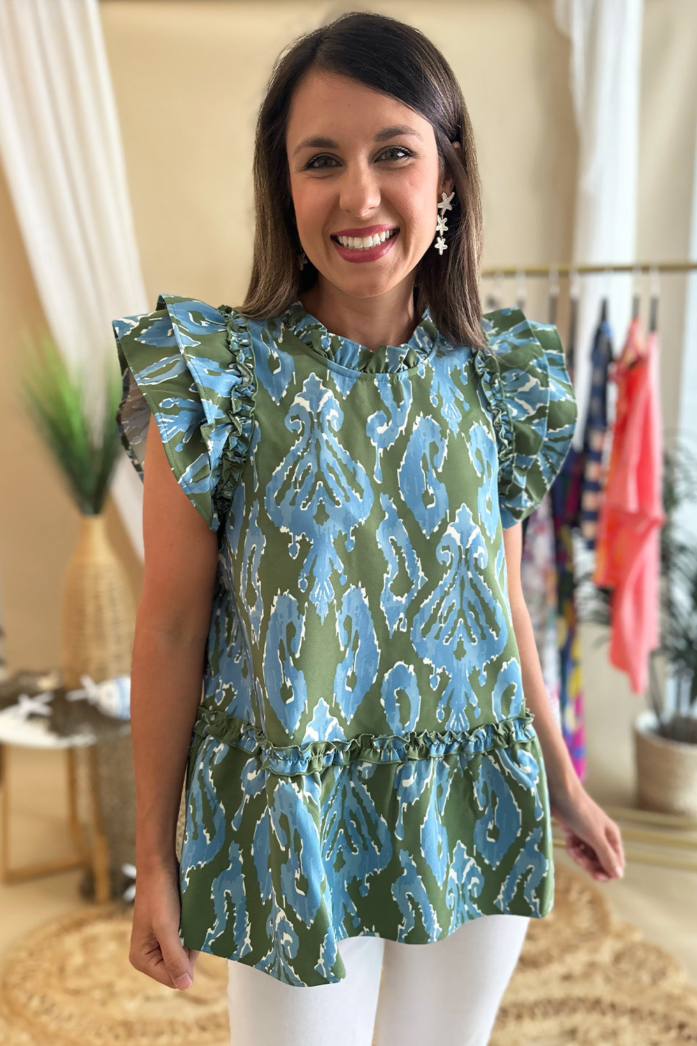 Green and Blue Printed Flounce Hem Top