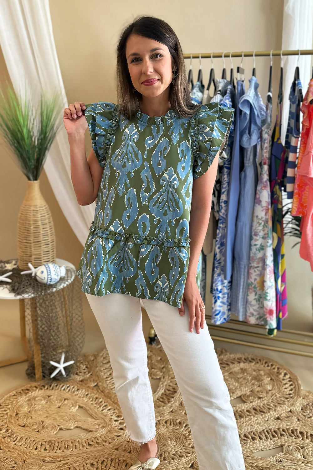 Green and Blue Printed Flounce Hem Top
