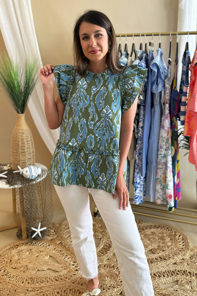 Green and Blue Printed Flounce Hem Top