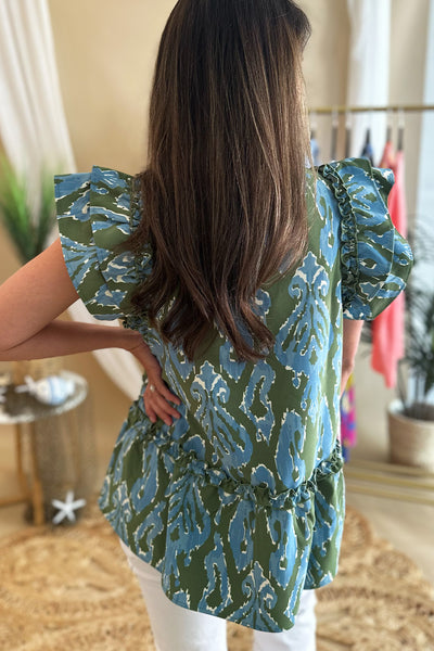 Green and Blue Printed Flounce Hem Top