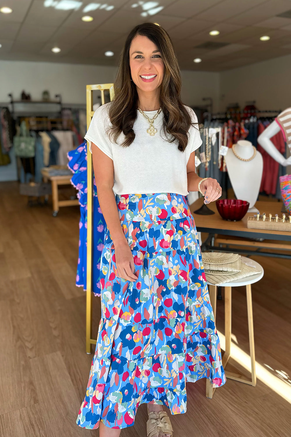 Blue Printed Tiered Midi Skirt