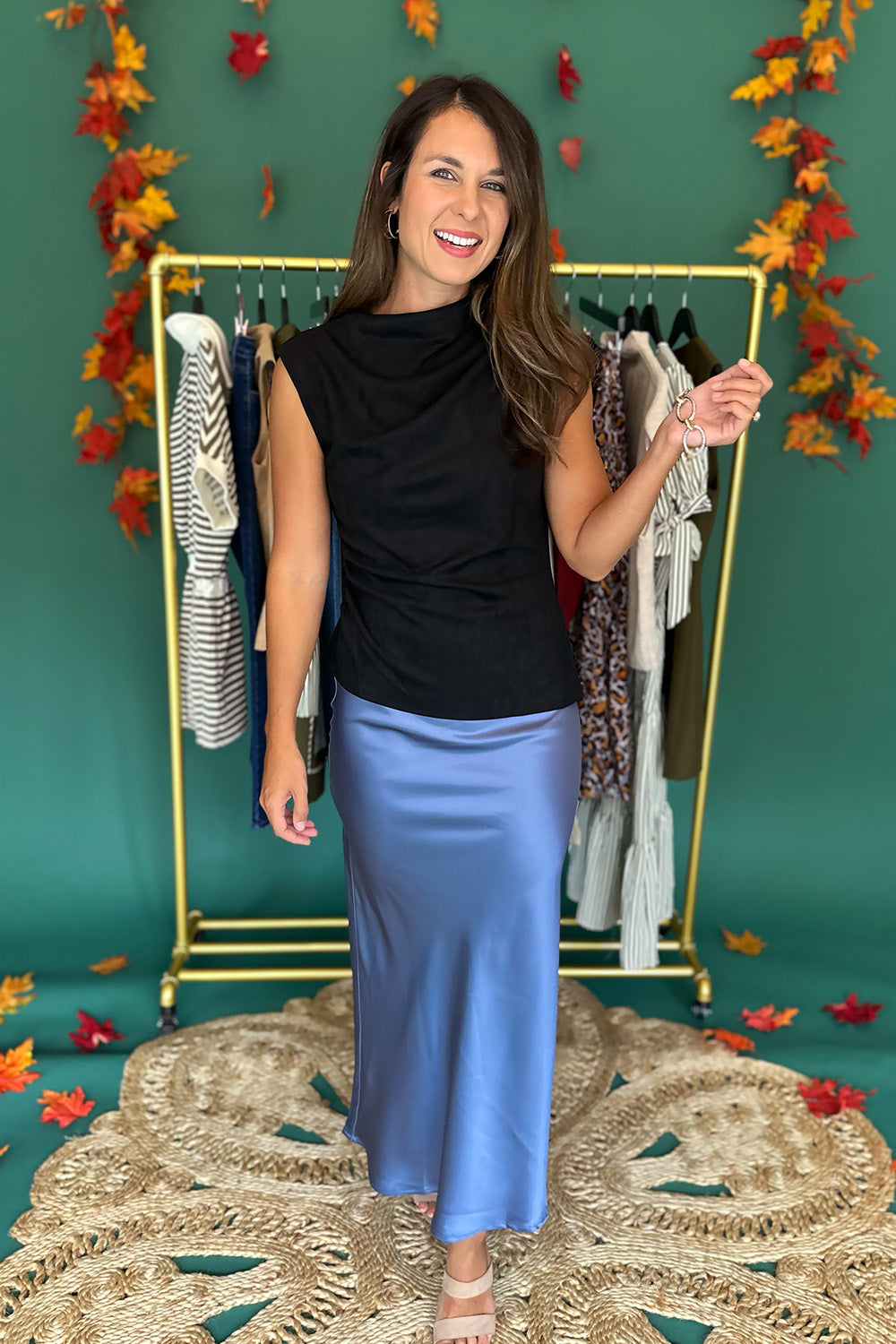 Suede Mock Neck Draped Top Black