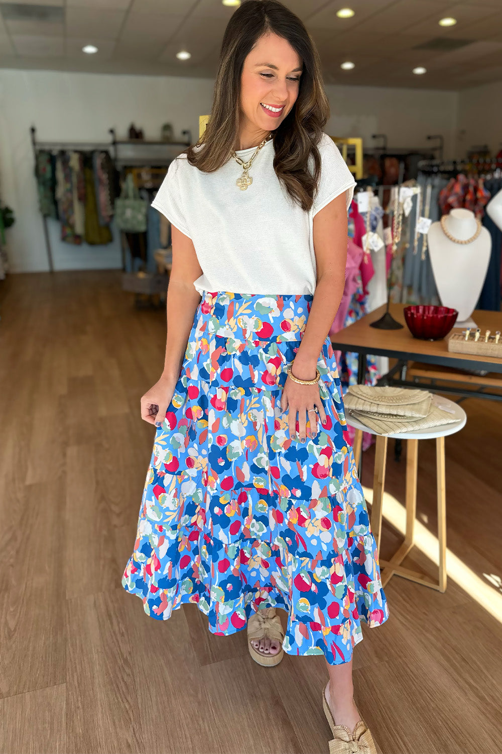 Blue Printed Tiered Midi Skirt