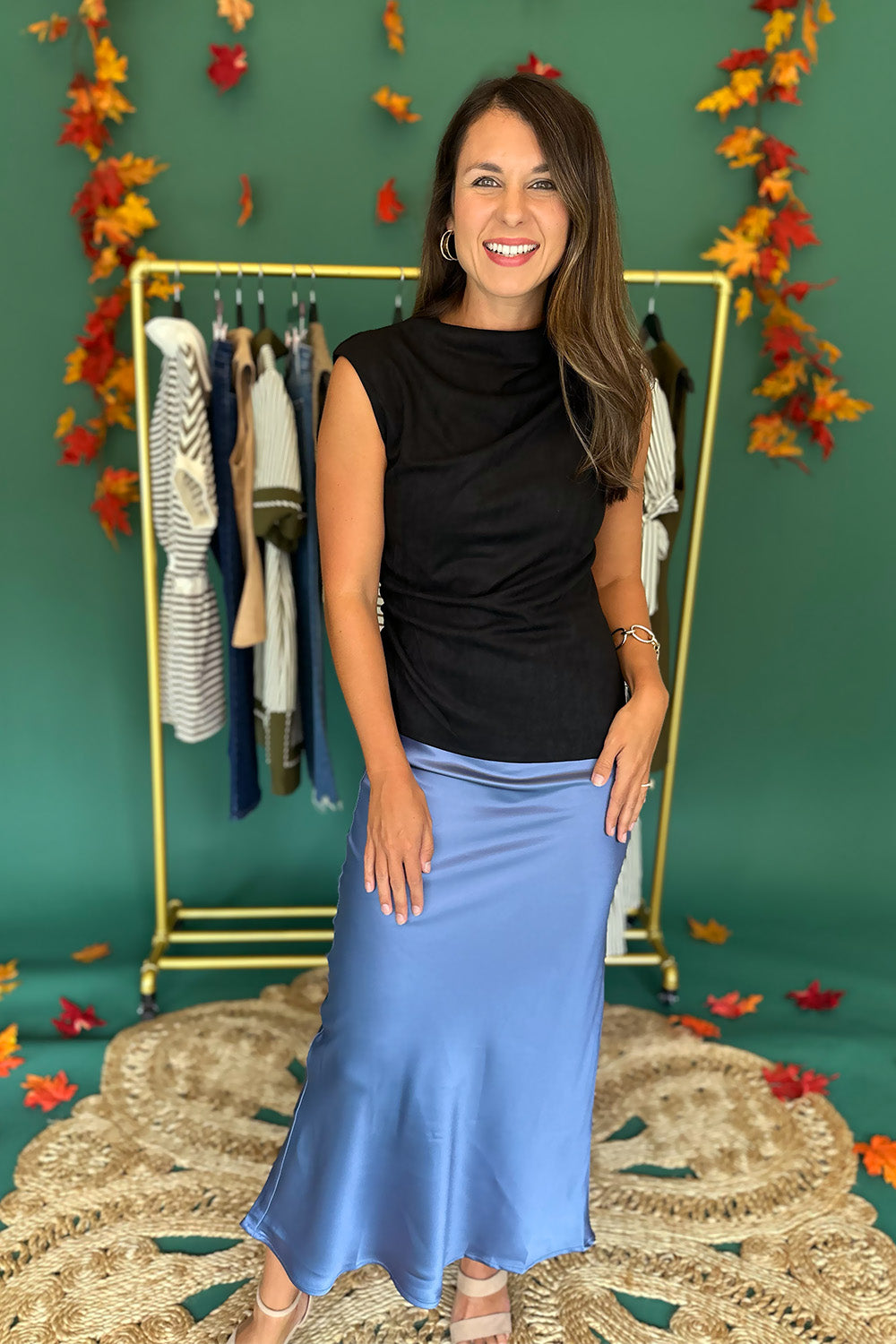 Blue Satin Midi Skirt