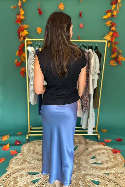 Blue Satin Midi Skirt