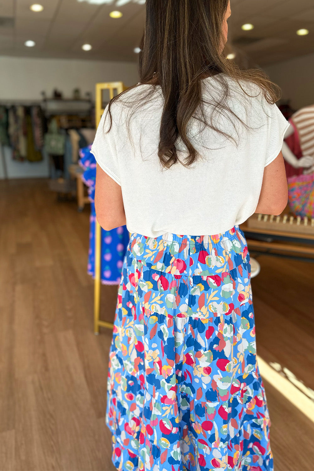 Blue Printed Tiered Midi Skirt