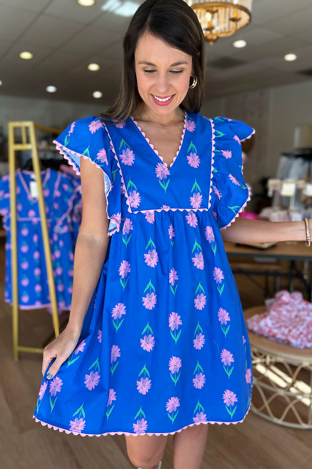 Blue and Pink Floral Ruffle Shoulder Dress