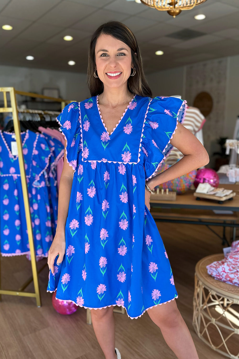 Blue and Pink Floral Ruffle Shoulder Dress