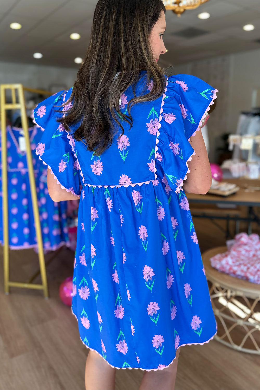 Blue and Pink Floral Ruffle Shoulder Dress