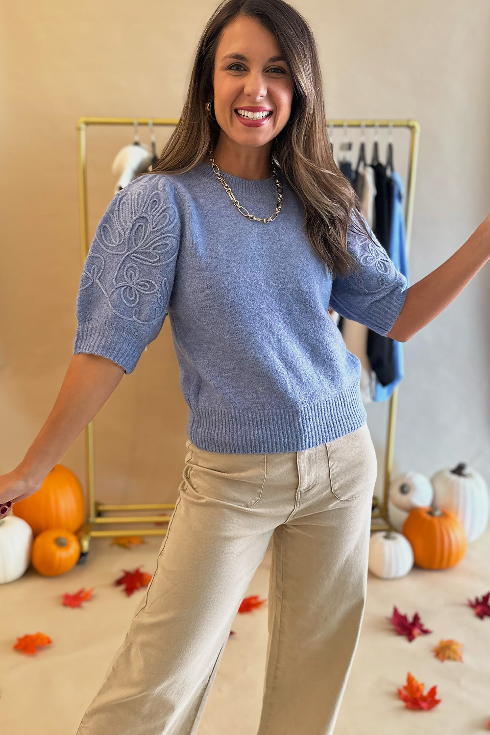 Embroidered Puff Sleeve Sweater Blue