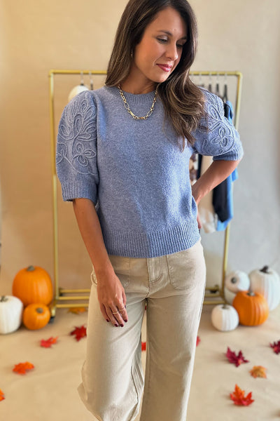 Embroidered Puff Sleeve Sweater Blue