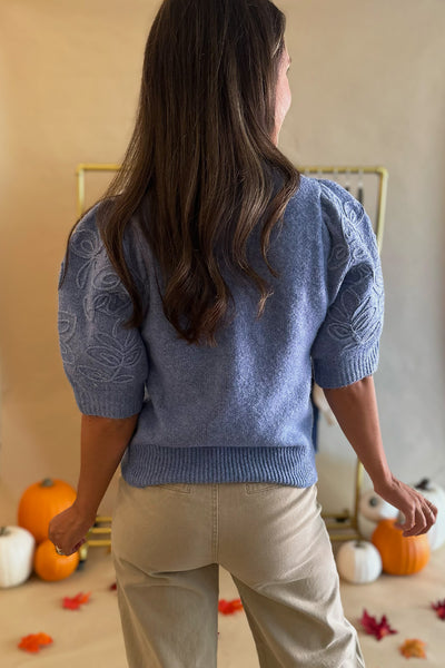 Embroidered Puff Sleeve Sweater Blue