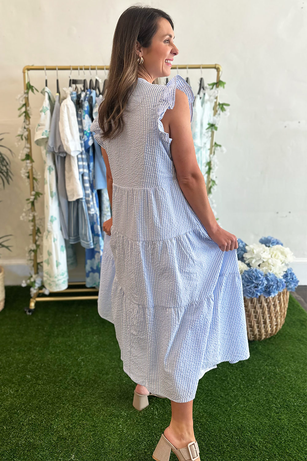 Blue and White Seersucker Midi Dress Blue and White Seersucker Midi Dress