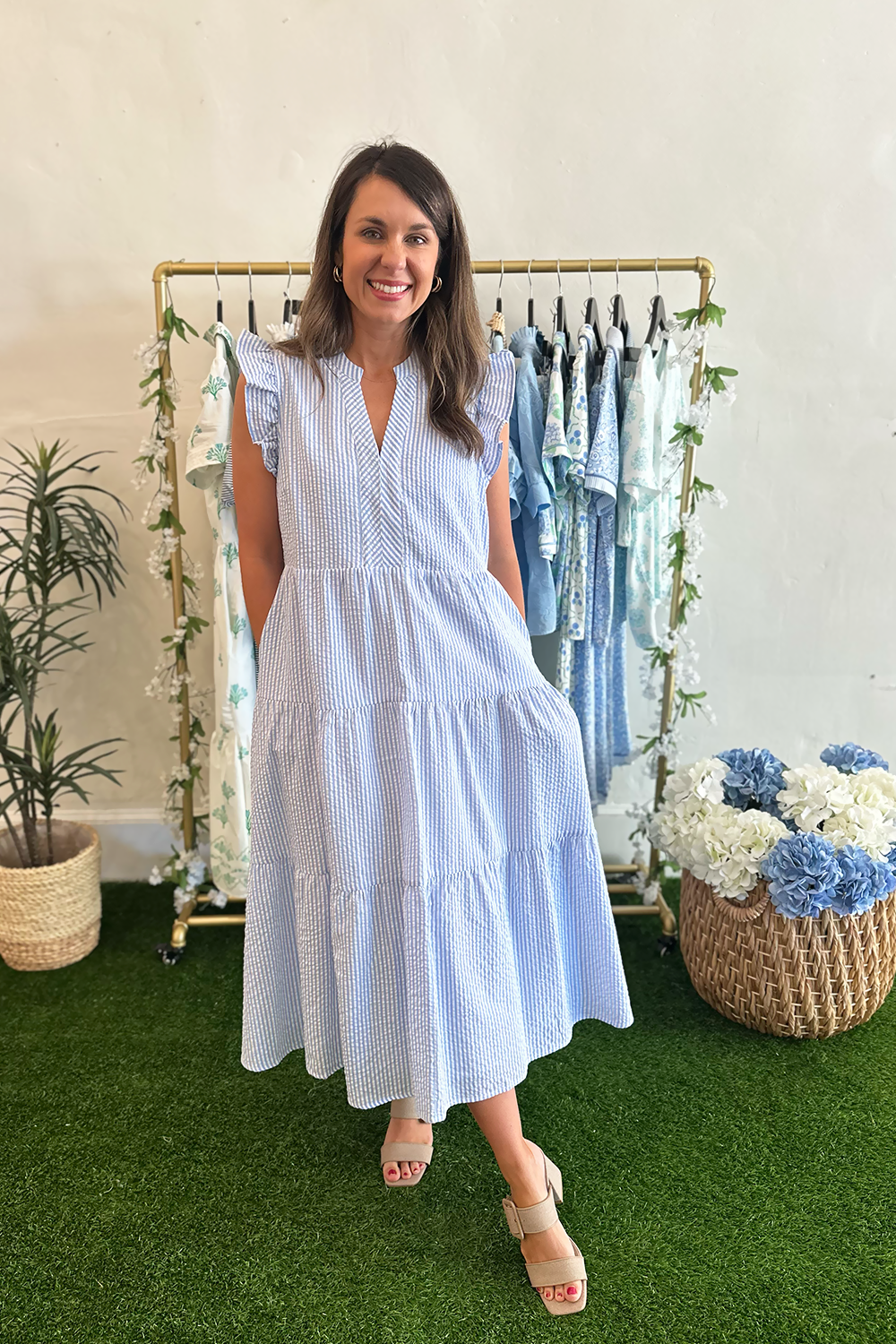 Blue and White Seersucker Midi Dress Blue and White Seersucker Midi Dress