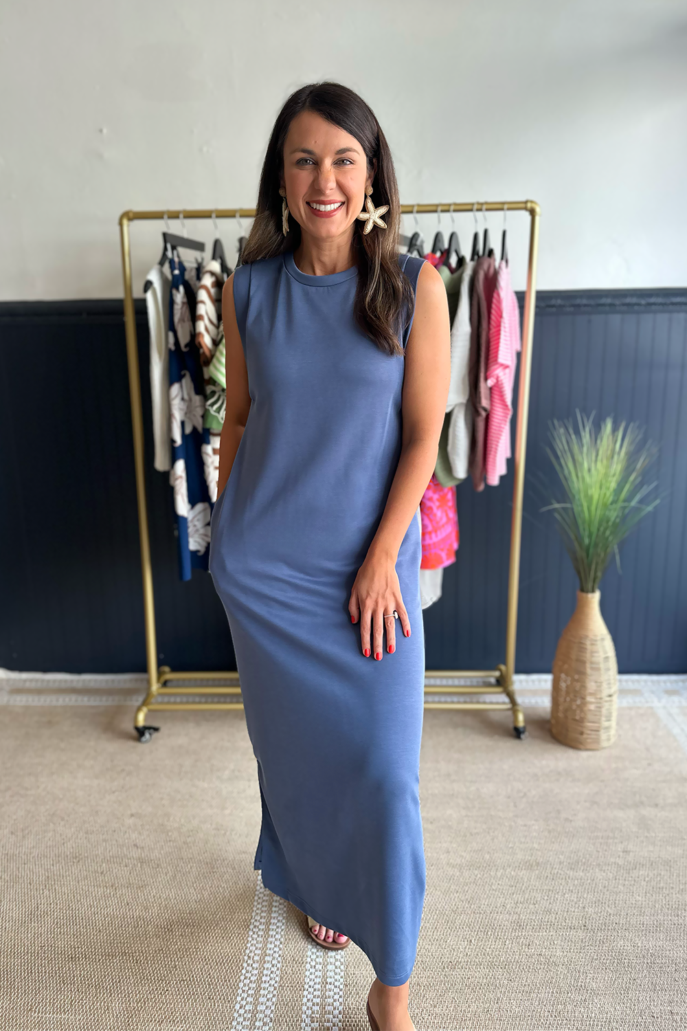 solid blue midi dress Blue Sleeveless Solid Midi Dress | Sunday Edition