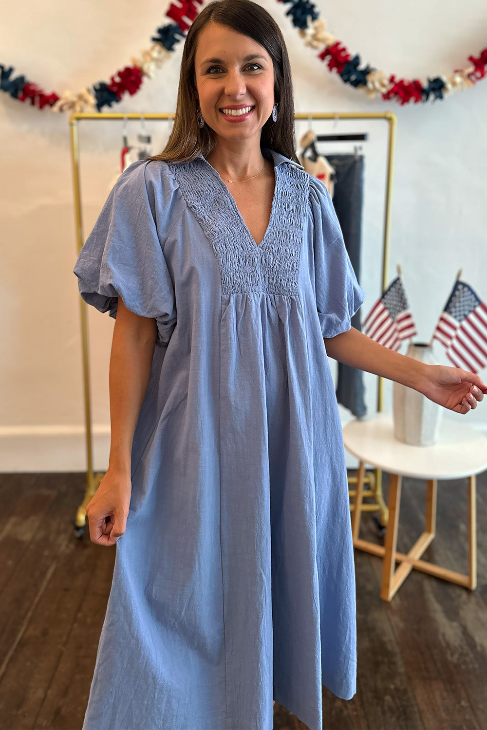 Collared Vneck Bubble Sleeve Dress Blue