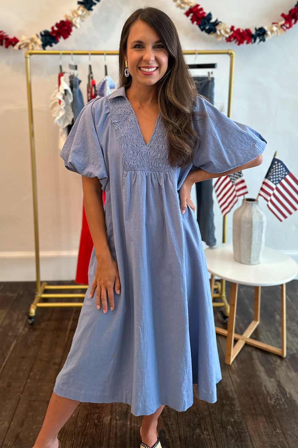 Collared Vneck Bubble Sleeve Dress Blue