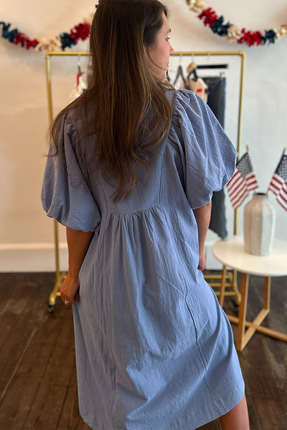 Collared Vneck Bubble Sleeve Dress Blue