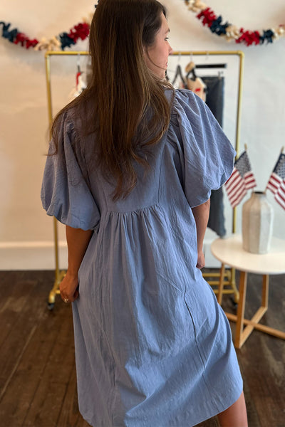 Collared Vneck Bubble Sleeve Dress Blue