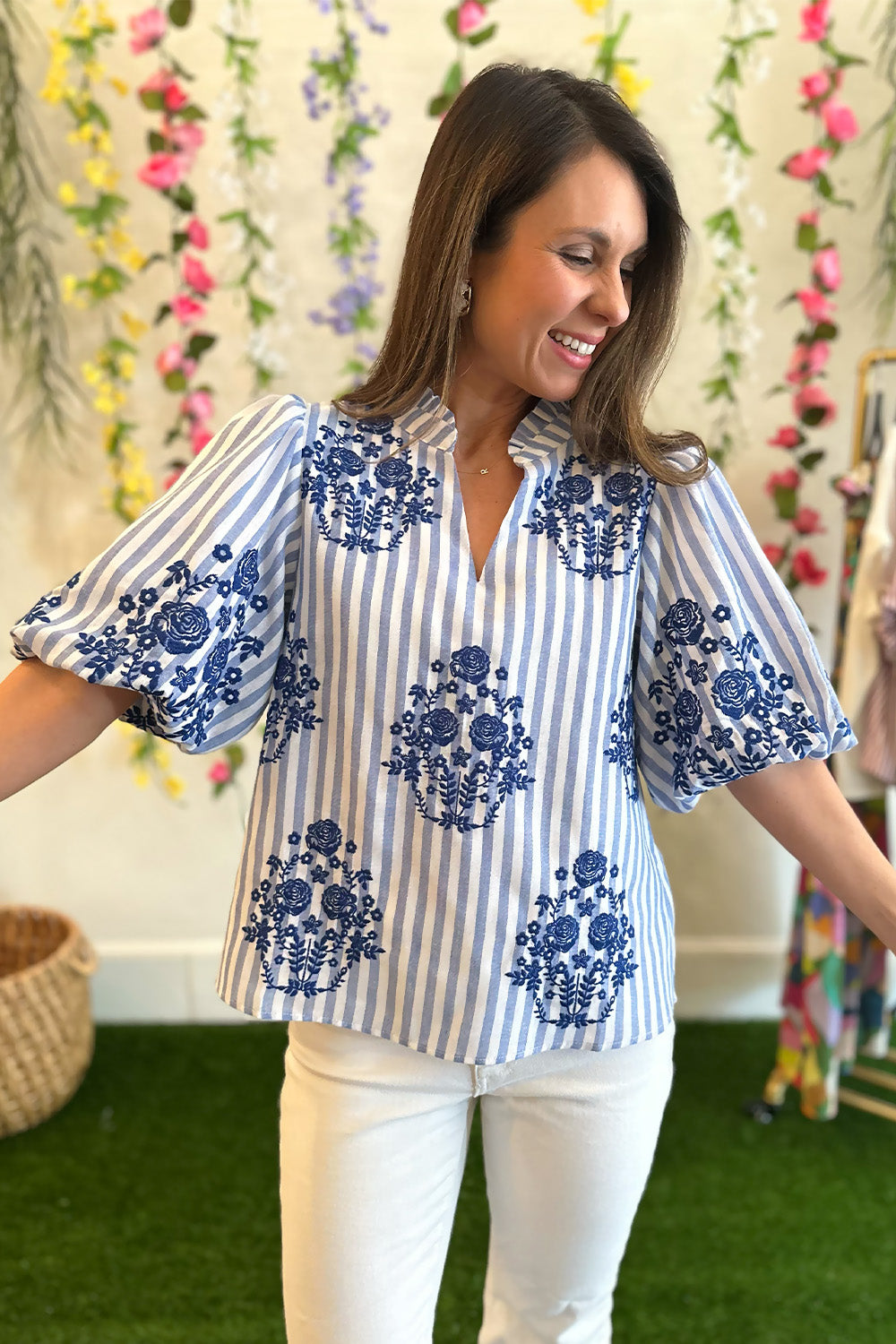 Blue Stripe Embroidered Puff Sleeve Blouse