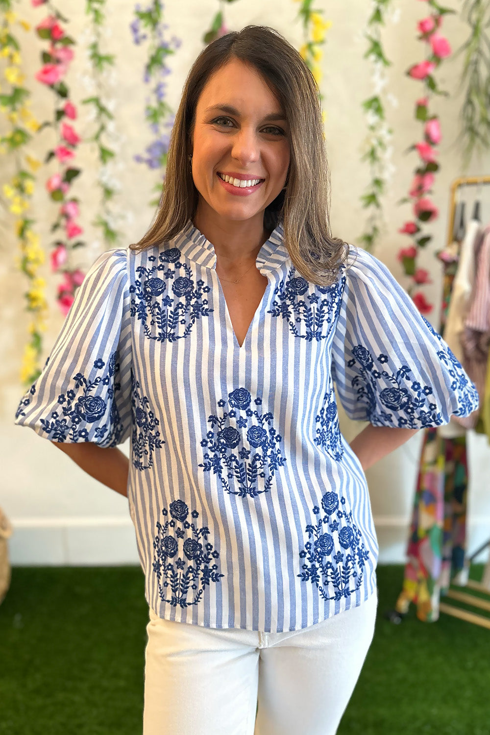 Blue Stripe Embroidered Puff Sleeve Blouse