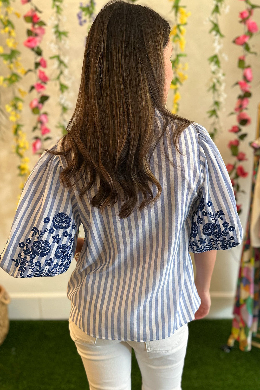 Blue Stripe Embroidered Puff Sleeve Blouse