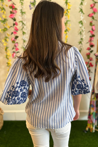 Blue Stripe Embroidered Puff Sleeve Blouse