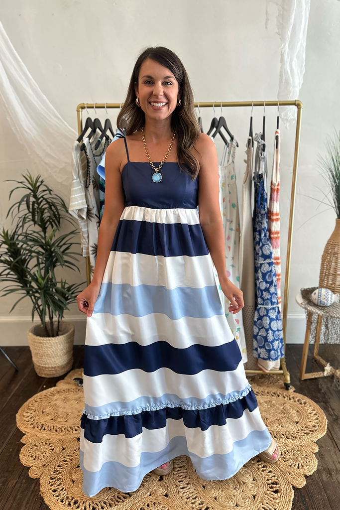 something navy striped maxi dress Rodeo Something Navy - Lurex Striped Reversible Dress