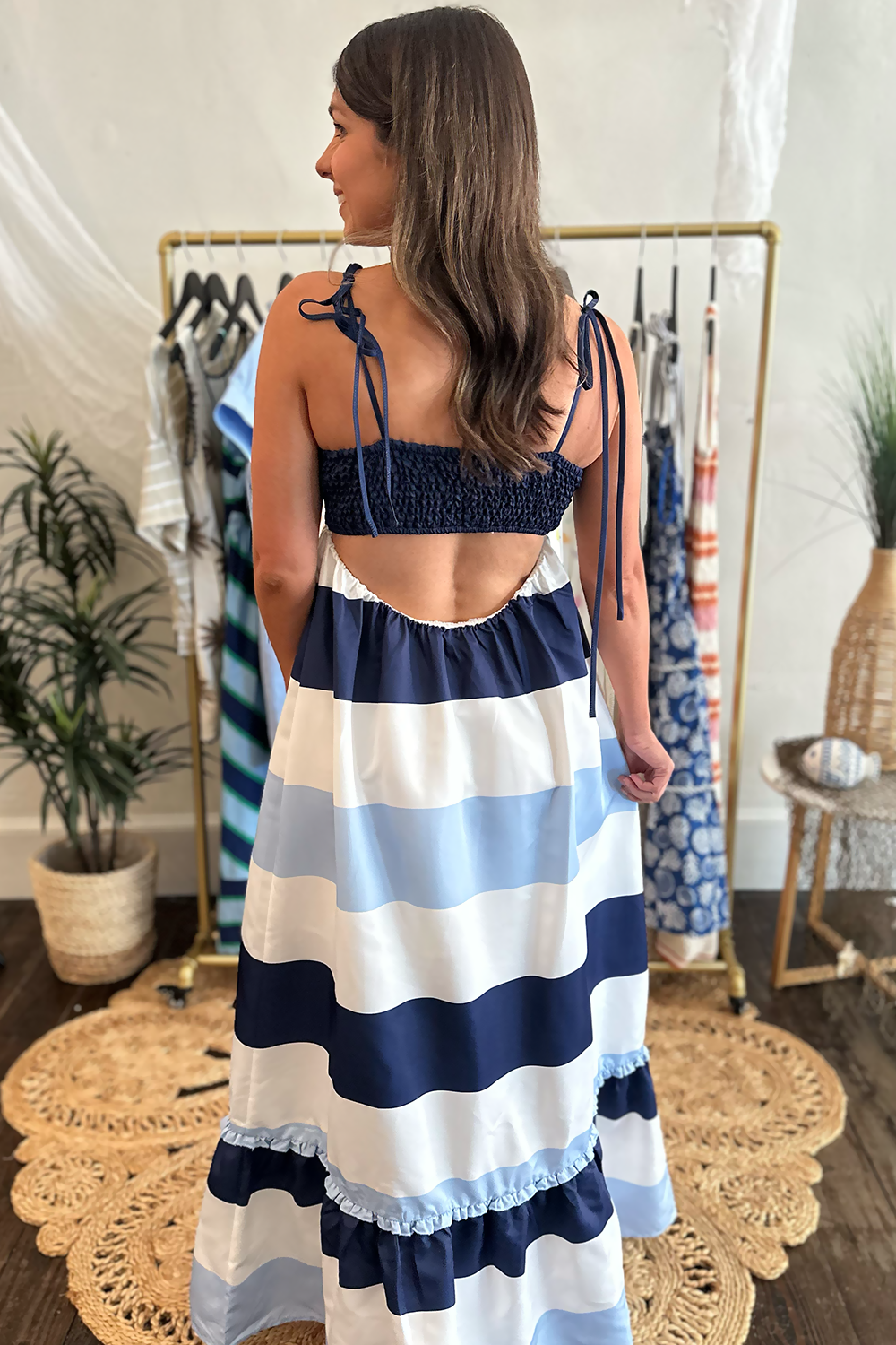 blue striped maxi dress Celine Floral Corset Dress, XL Womens Evelyn Striped Maxi Dress Combo in Blue Size Small Buy Sosandar Blue white Geometric