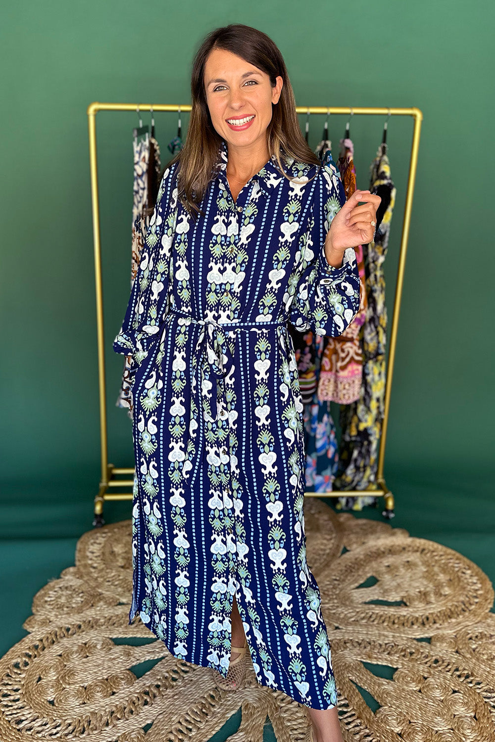 Dark Blue Printed Button Down Midi Dress