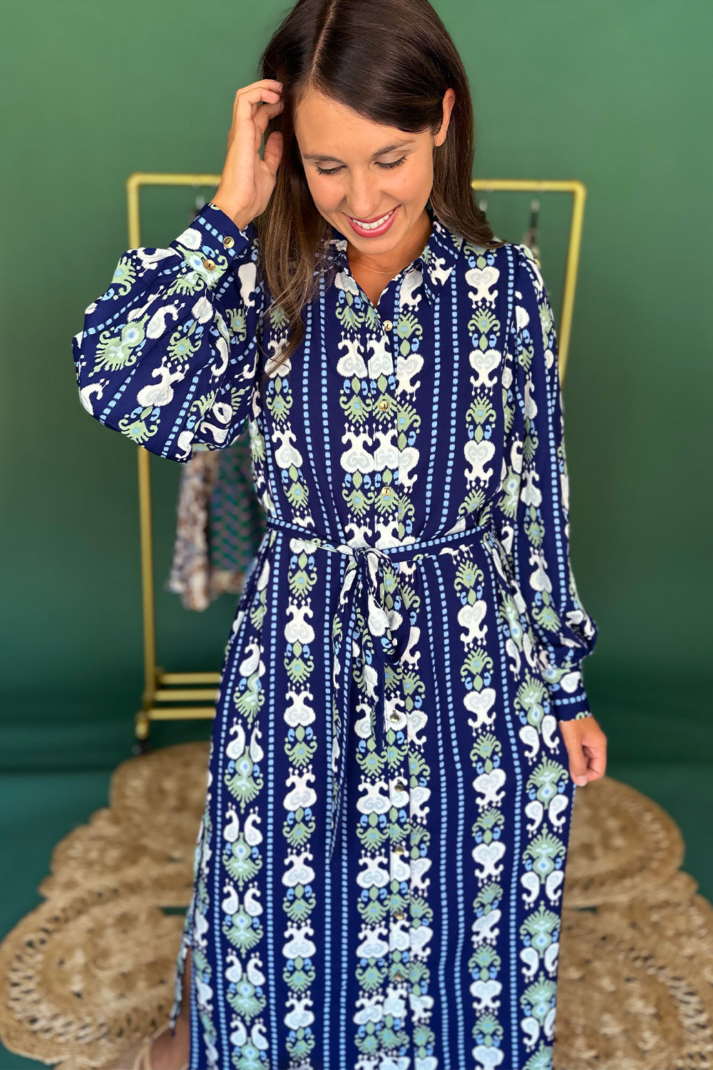 Dark Blue Printed Button Down Midi Dress