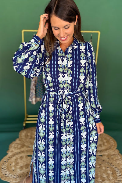 Dark Blue Printed Button Down Midi Dress