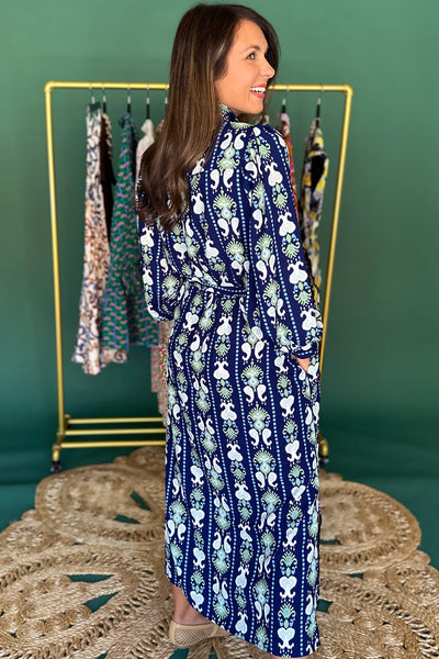 Dark Blue Printed Button Down Midi Dress